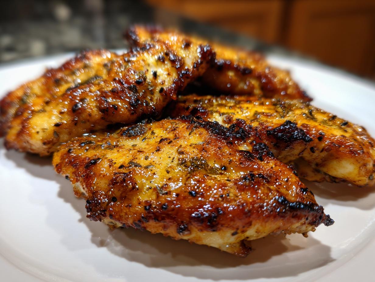 Close-up of perfectly cooked, seasoned air fryer chicken tenders on a white plate.