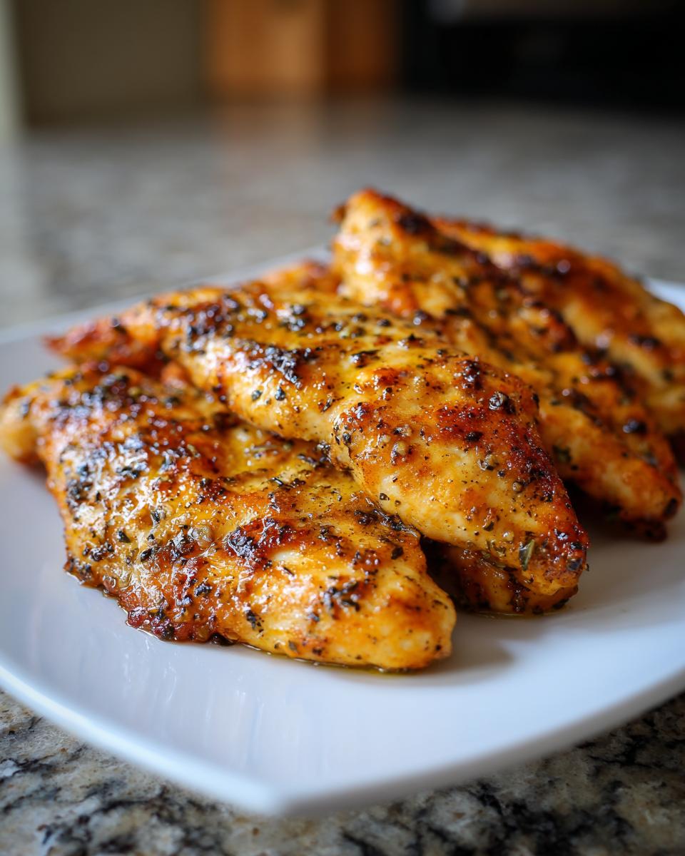 Close-up of golden-brown, seasoned chicken tenders cooked in an air fryer, ready to serve.