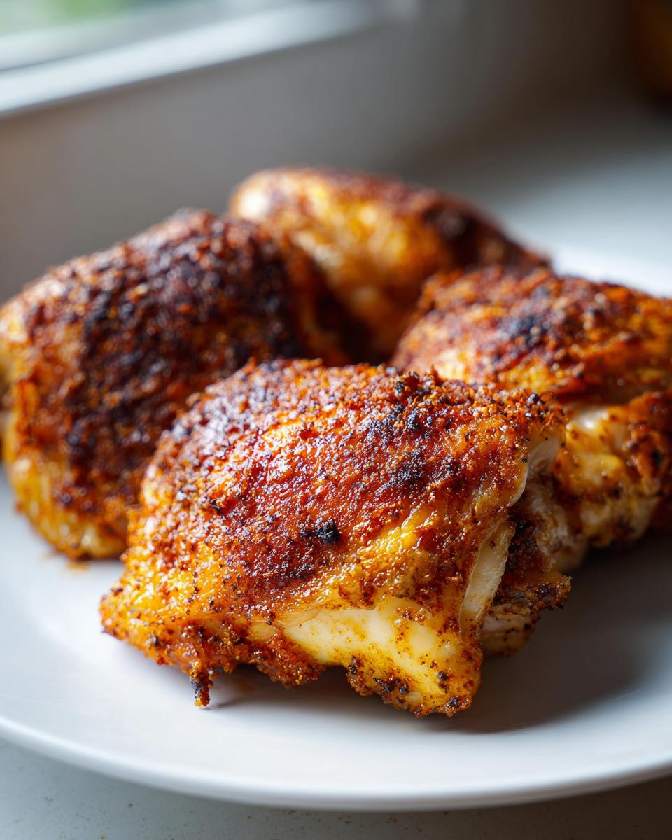 Close-up of four crispy air fryer chicken thighs seasoned with spices, served on a white plate.