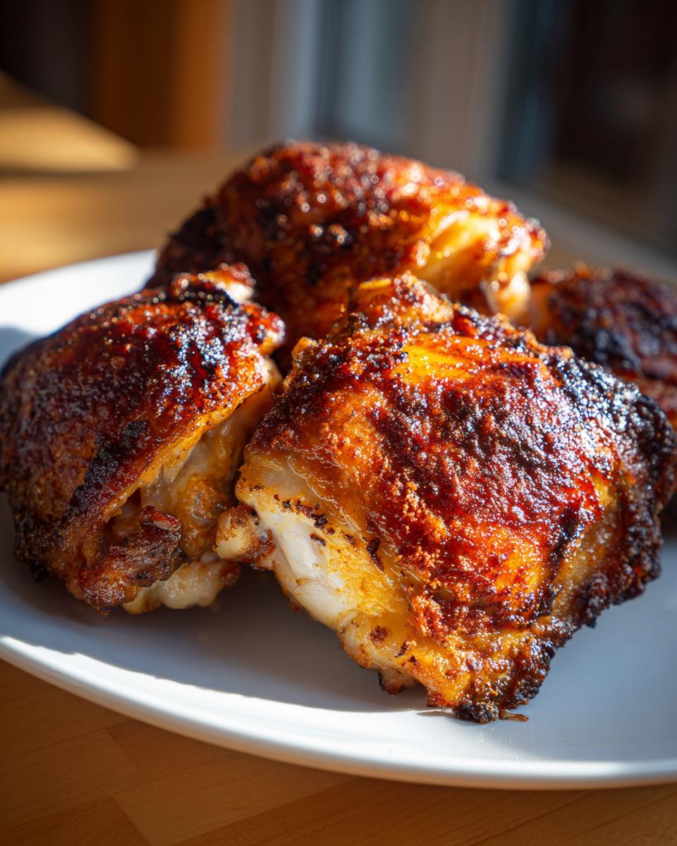 Close-up of perfectly crispy air fryer chicken thighs on a white plate, showcasing golden-brown skin.