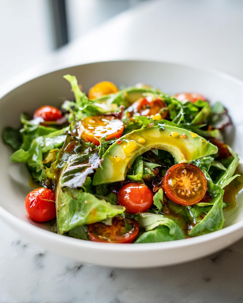 Bowl of fresh avocado and cherry tomato salad with mixed greens and vinaigrette for healthy meals