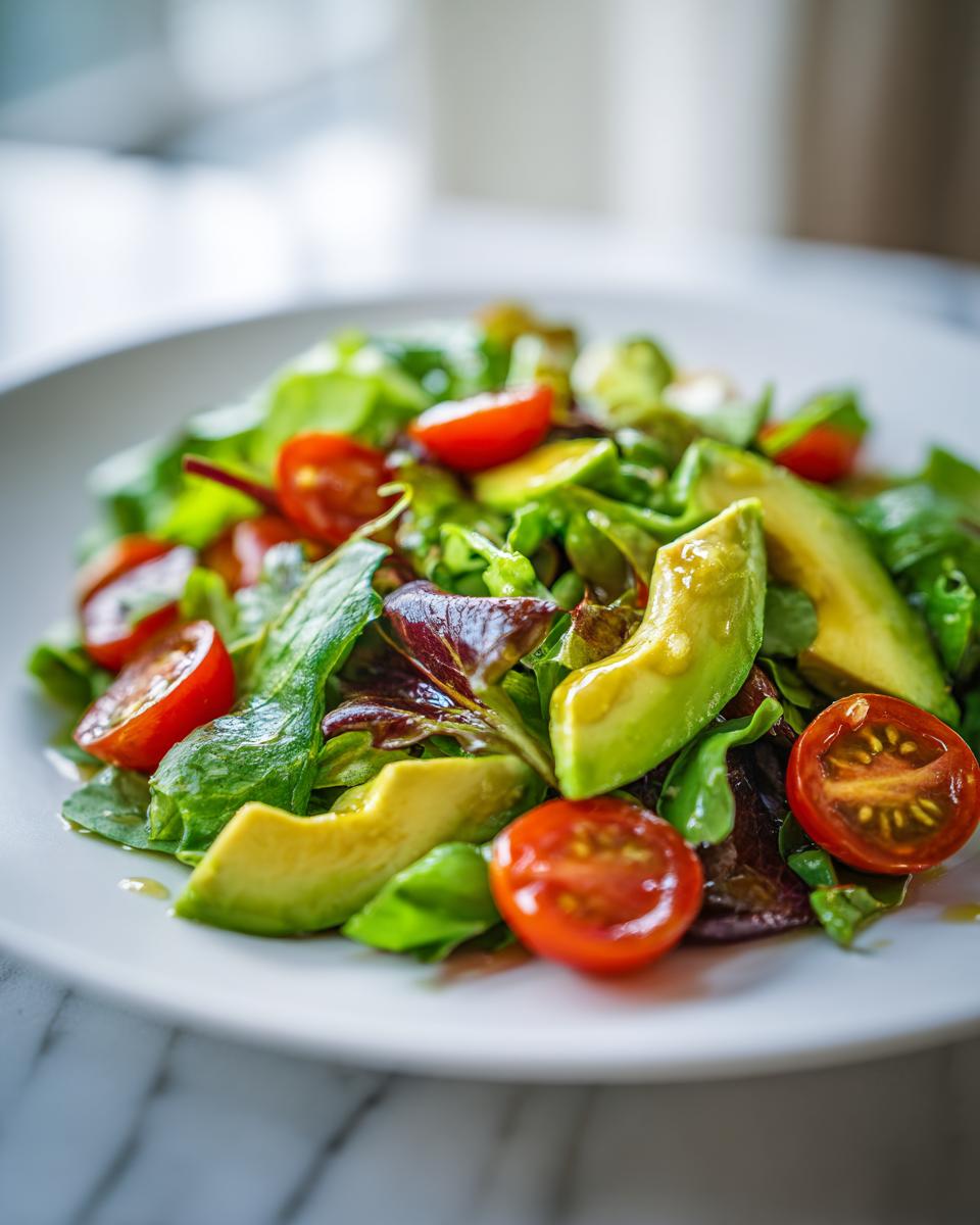 Close-up of a fresh salad with avocado slices, cherry tomatoes, and mixed greens on a white plate.