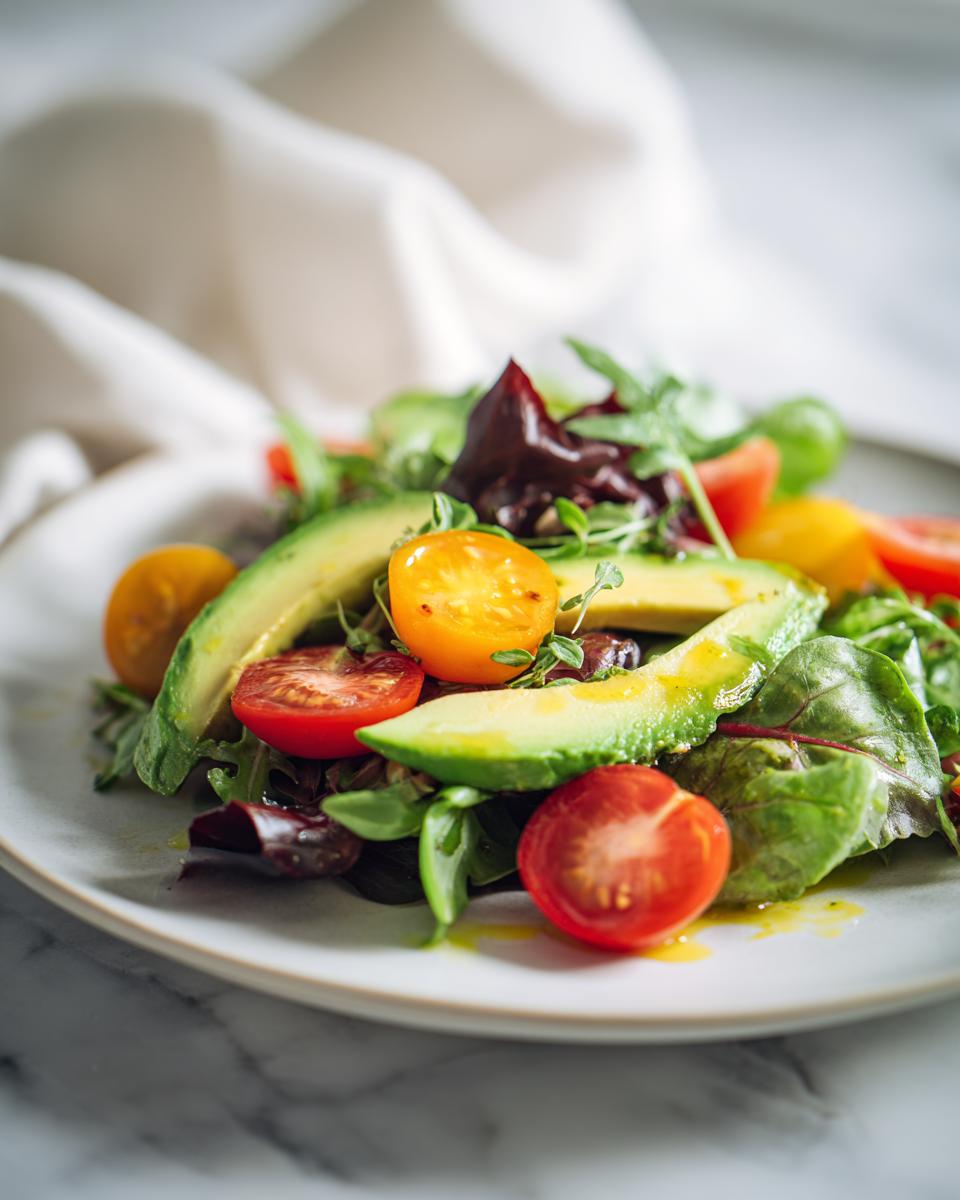 Plate of fresh mixed greens salad with avocado slices and cherry tomatoes for healthy dinner recipes