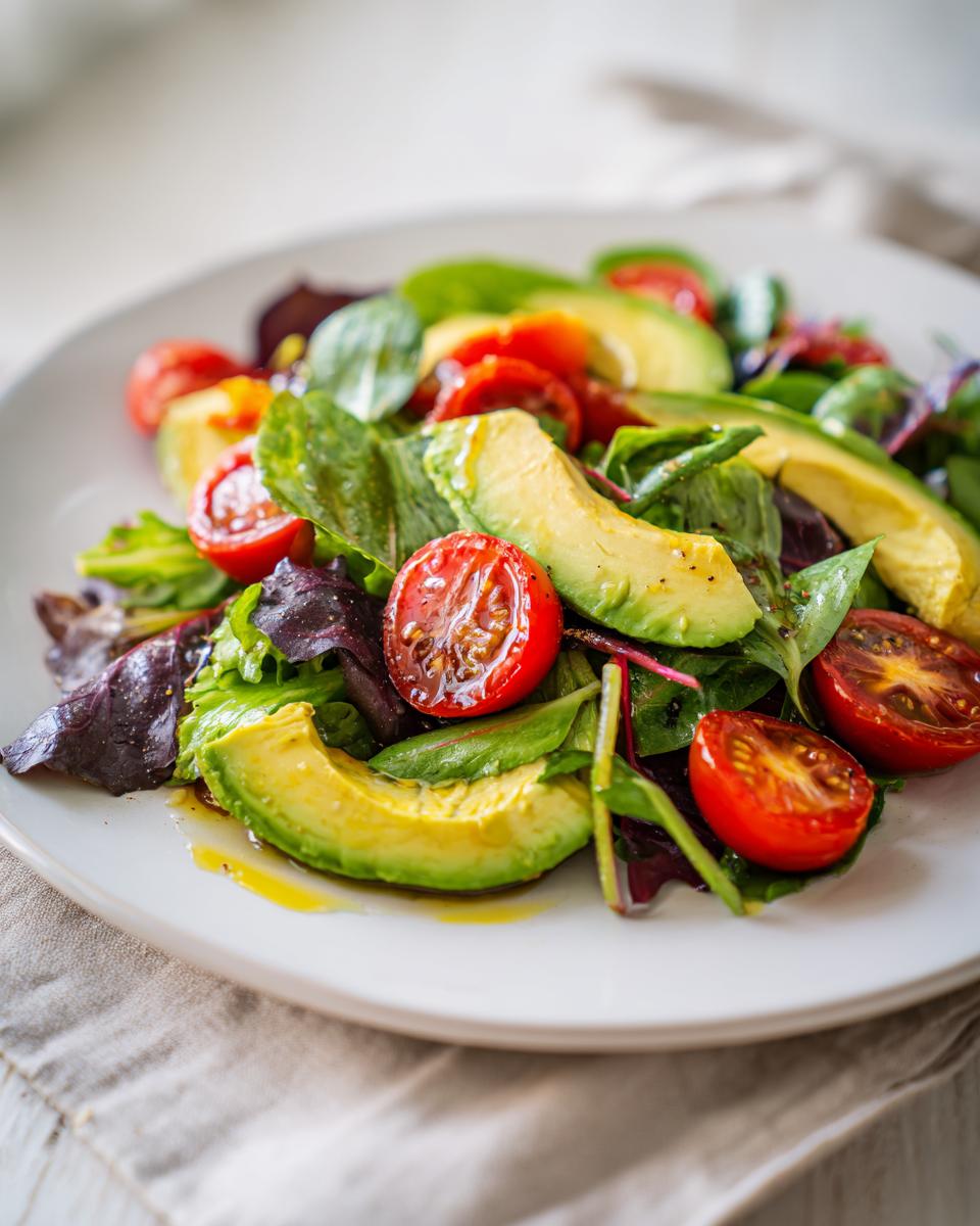 Plate of fresh avocado slices, cherry tomatoes, and mixed greens salad for healthy dinner recipes