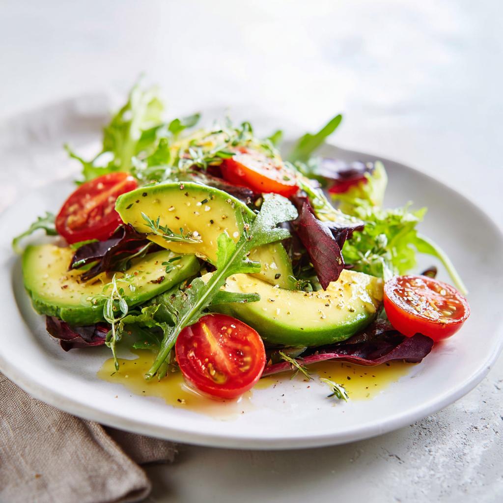 Plate of fresh avocado slices and cherry tomatoes with mixed greens drizzled with dressing for healthy dinner recipes
