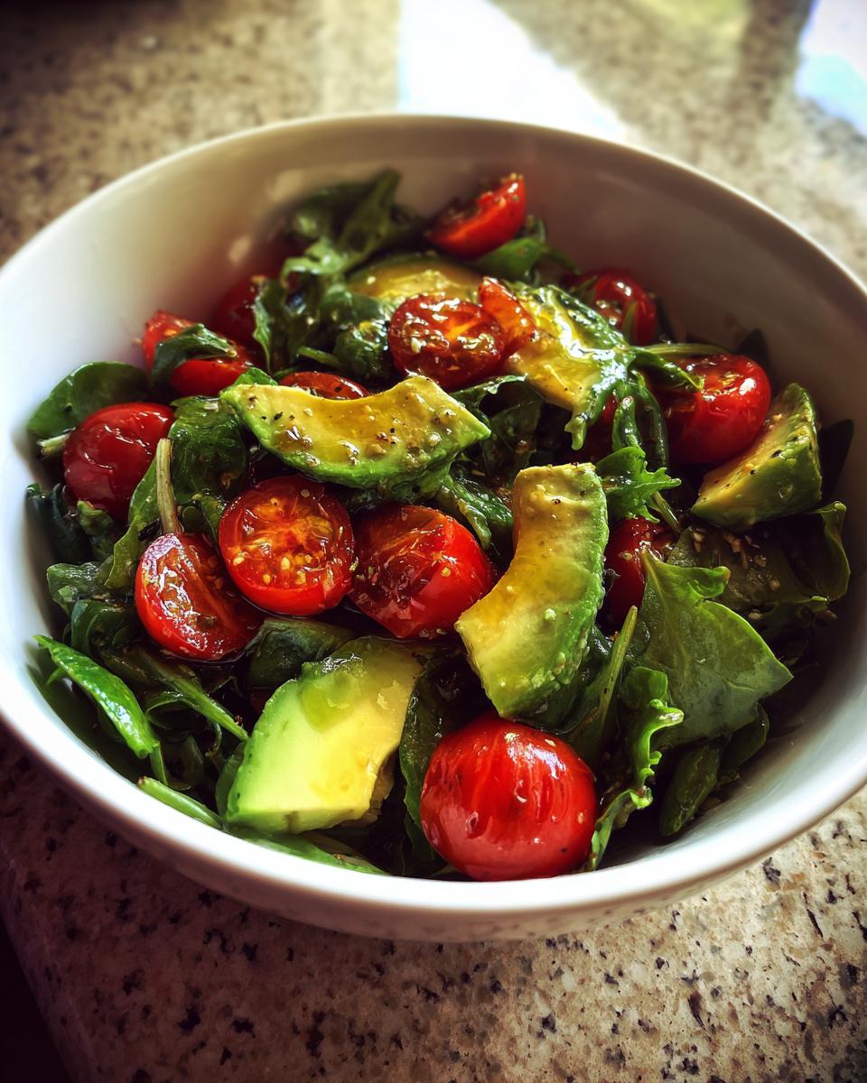 Bowl of fresh salad with avocado slices, cherry tomatoes, and mixed greens as healthy meals