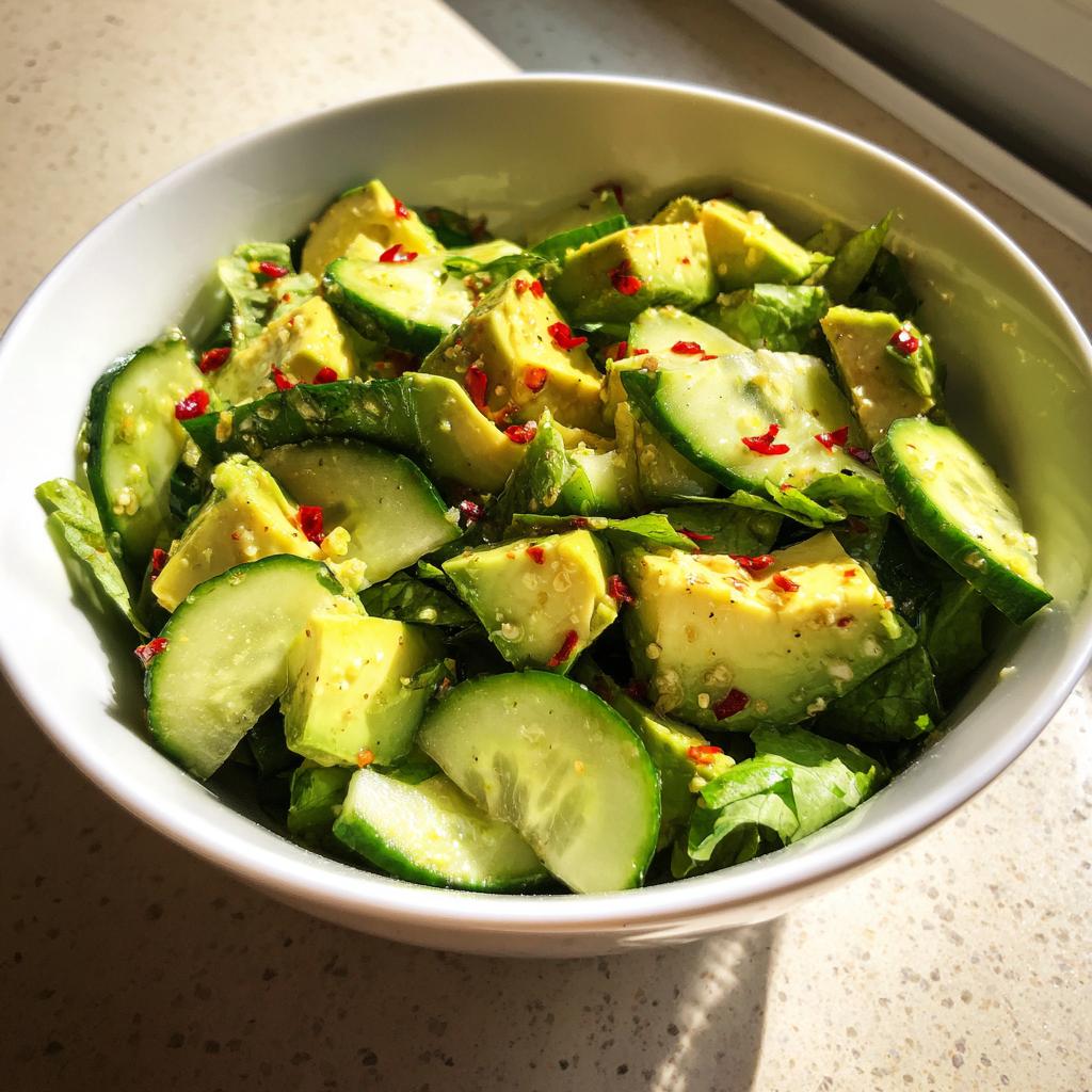 A refreshing bowl of healthy meals featuring avocado, cucumber slices, and red pepper flakes.