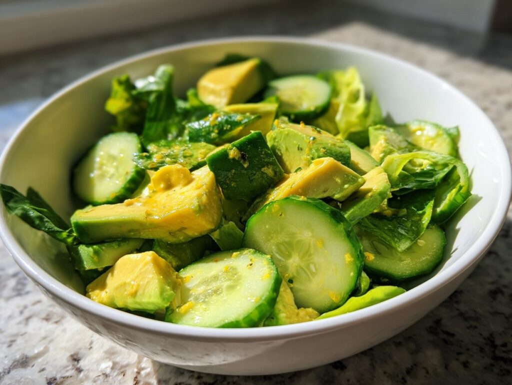 A refreshing bowl of avocado and cucumber salad, perfect for healthy meals.