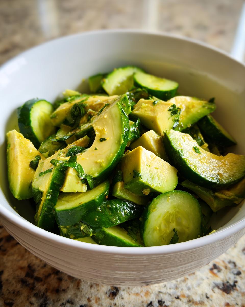 A refreshing bowl of avocado and cucumber salad, a perfect addition to healthy meals.