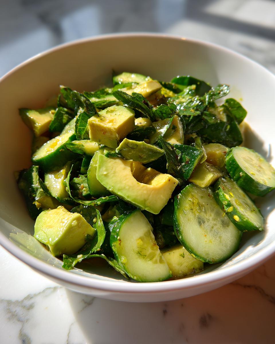 A refreshing avocado and cucumber salad, perfect for healthy meals, in a white bowl.