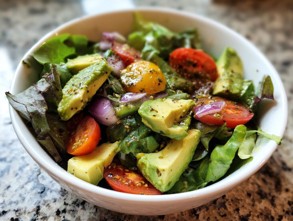 Bowl of salad with avocado, cherry tomatoes, red onion, and leafy greens, a healthy lunch ideas option.