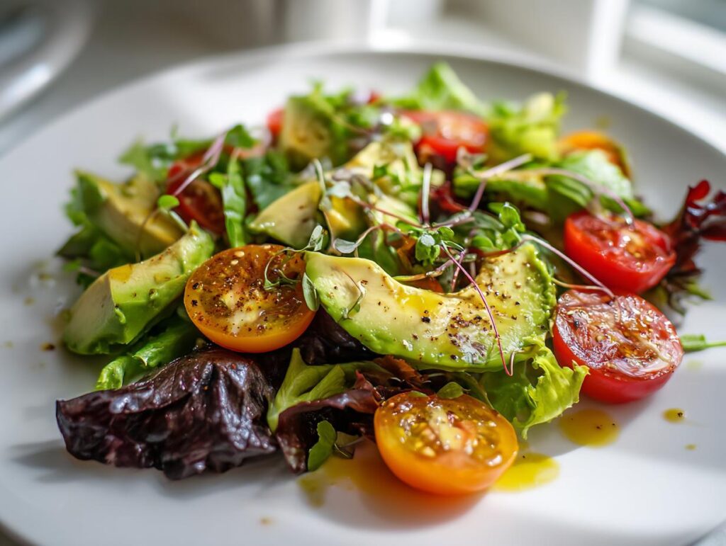 Plate of fresh avocado and cherry tomato salad with mixed greens and dressing for healthy dinner recipes