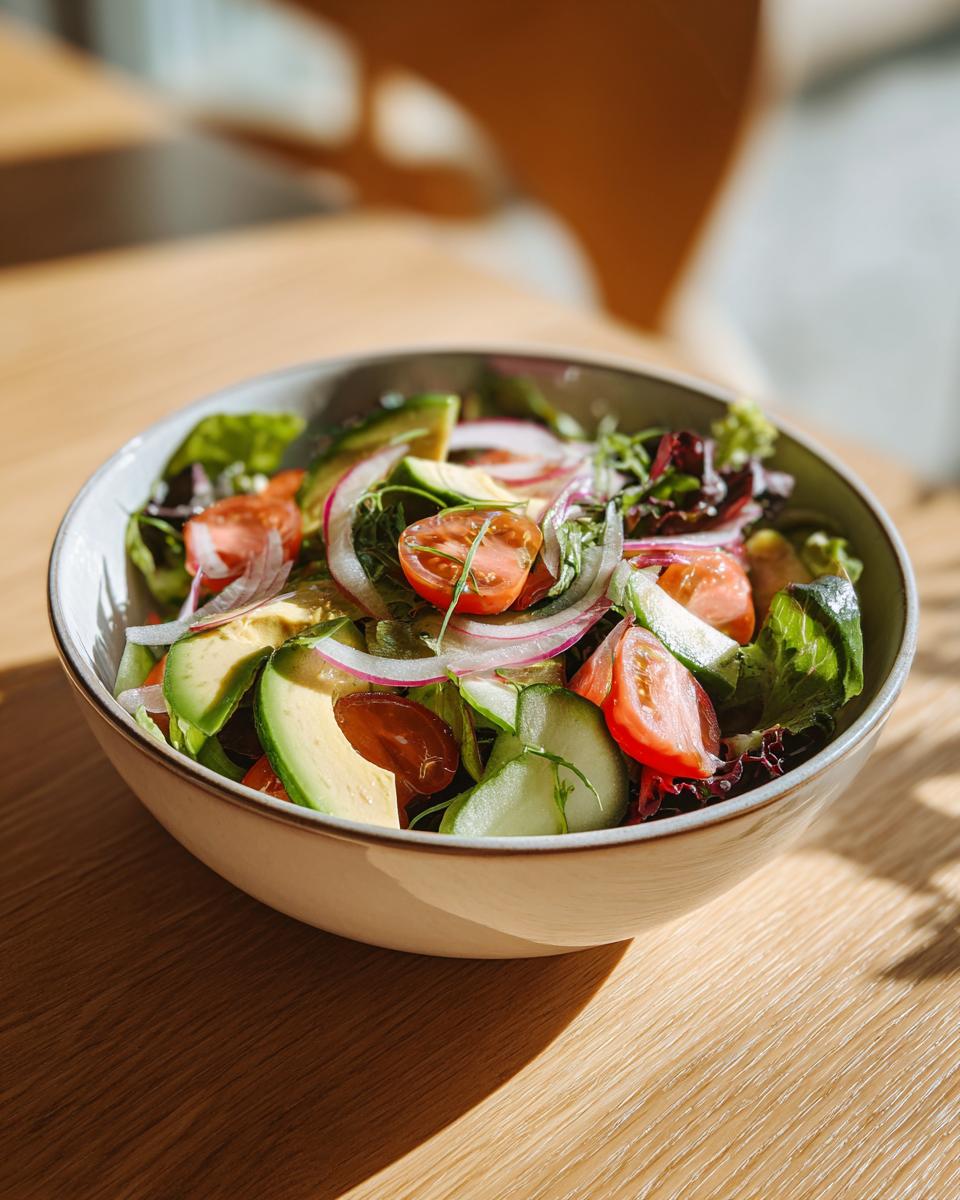 A vibrant bowl of healthy lunch ideas featuring avocado, tomato, cucumber, and red onion salad.