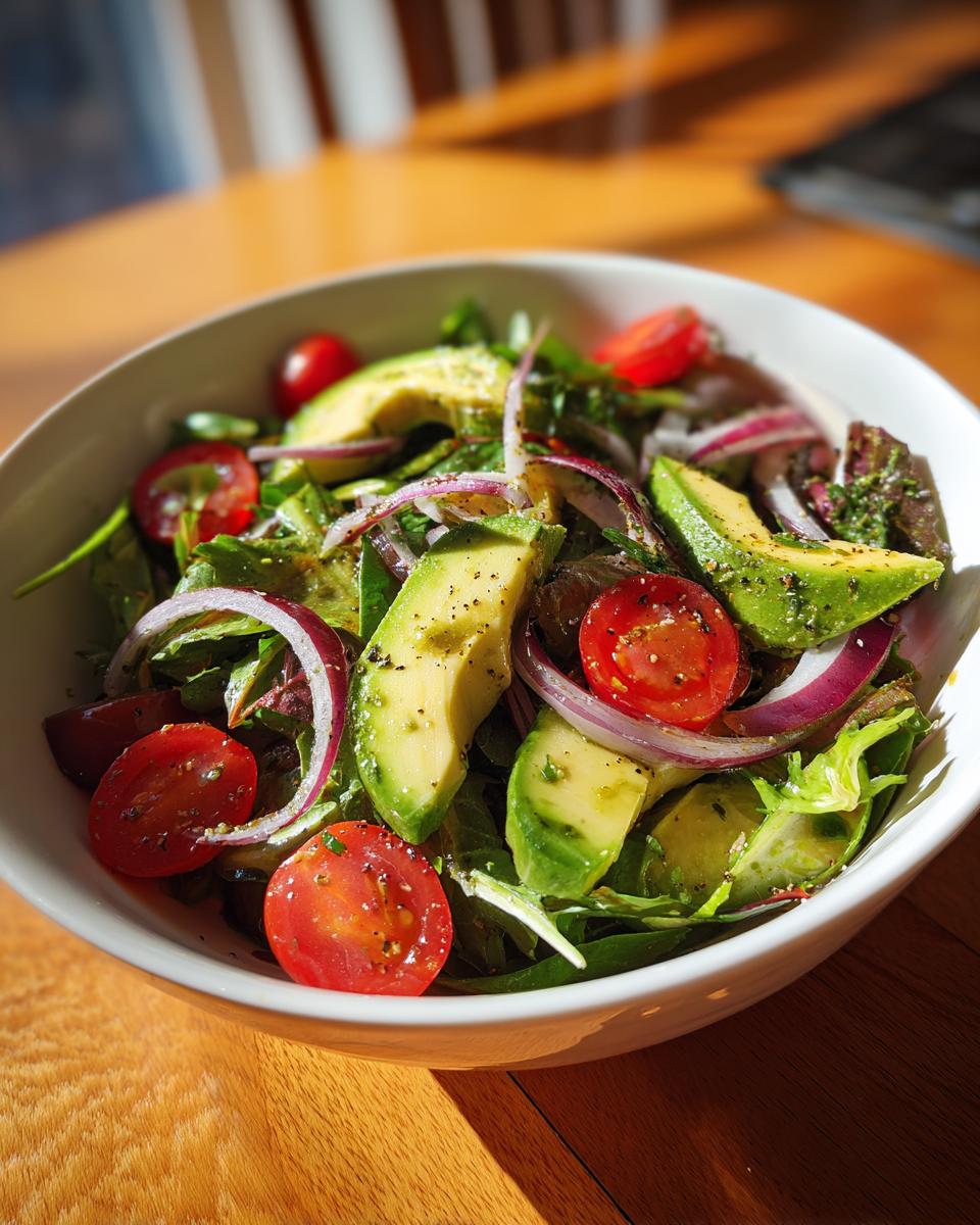 A vibrant bowl of salad featuring fresh greens, sliced avocado, cherry tomatoes, and red onion, perfect for healthy lunch ideas.