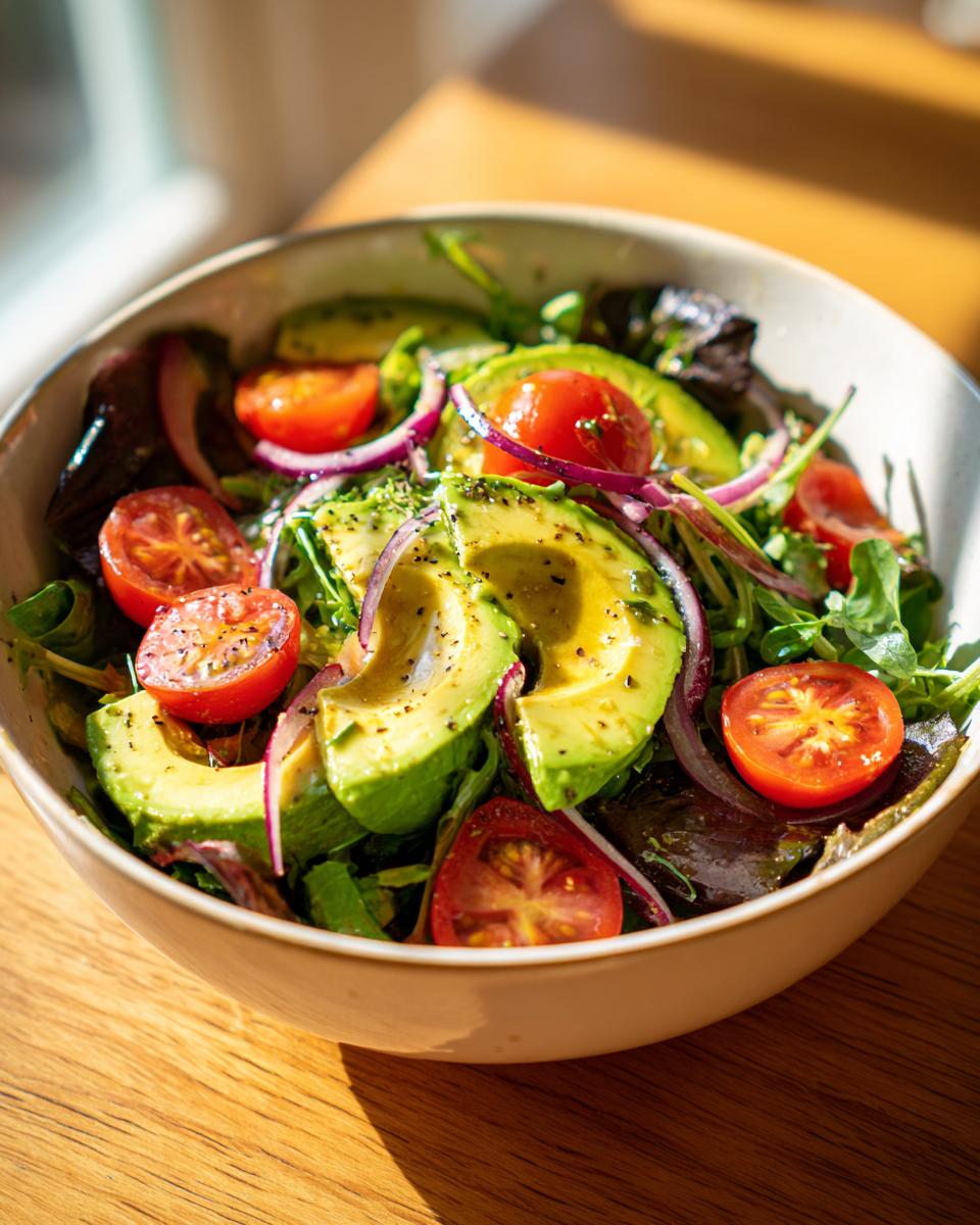 A vibrant bowl of avocado tomato salad, a perfect healthy lunch idea, with fresh greens, red onion, and a light dressing.