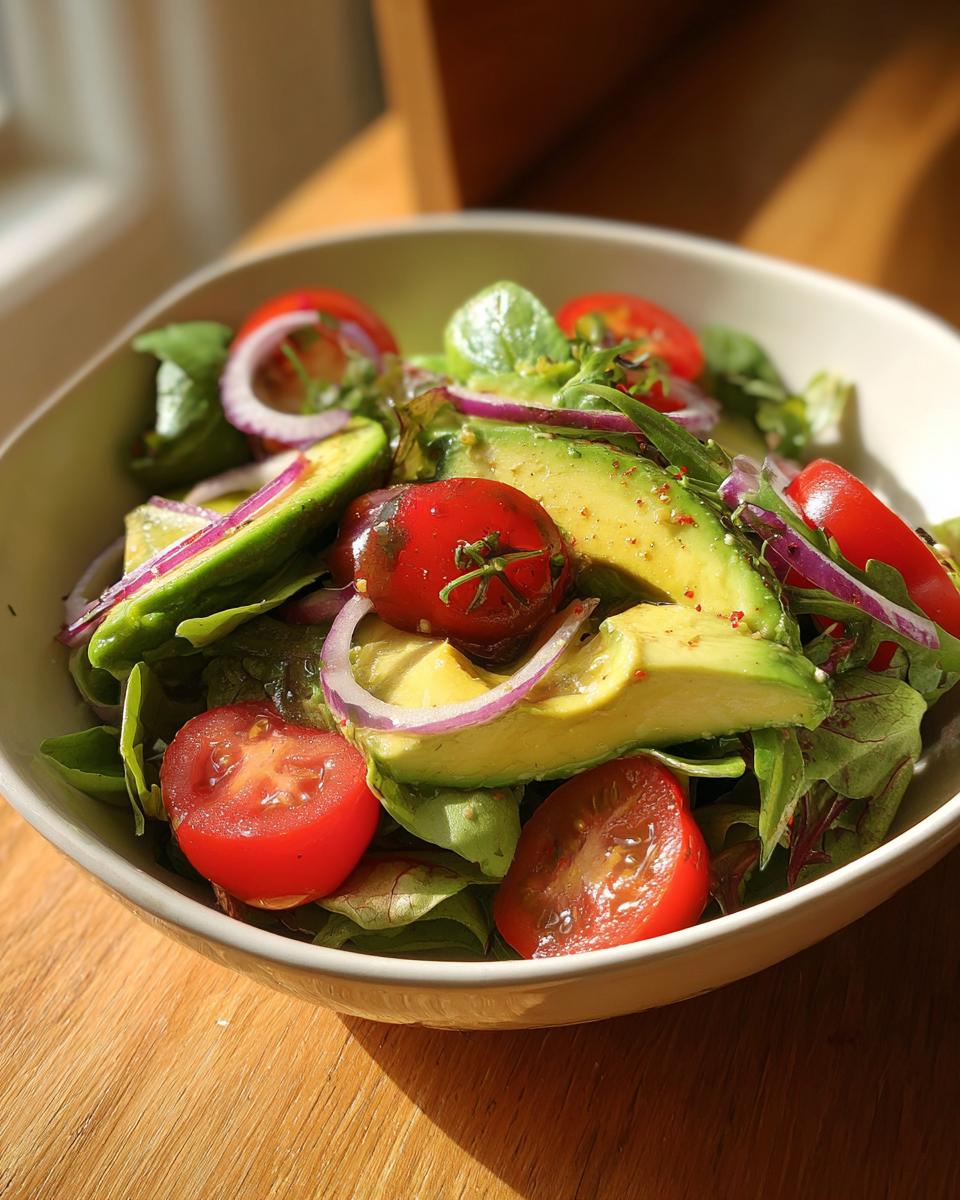 A vibrant bowl of avocado tomato salad, a perfect option for healthy lunch ideas.