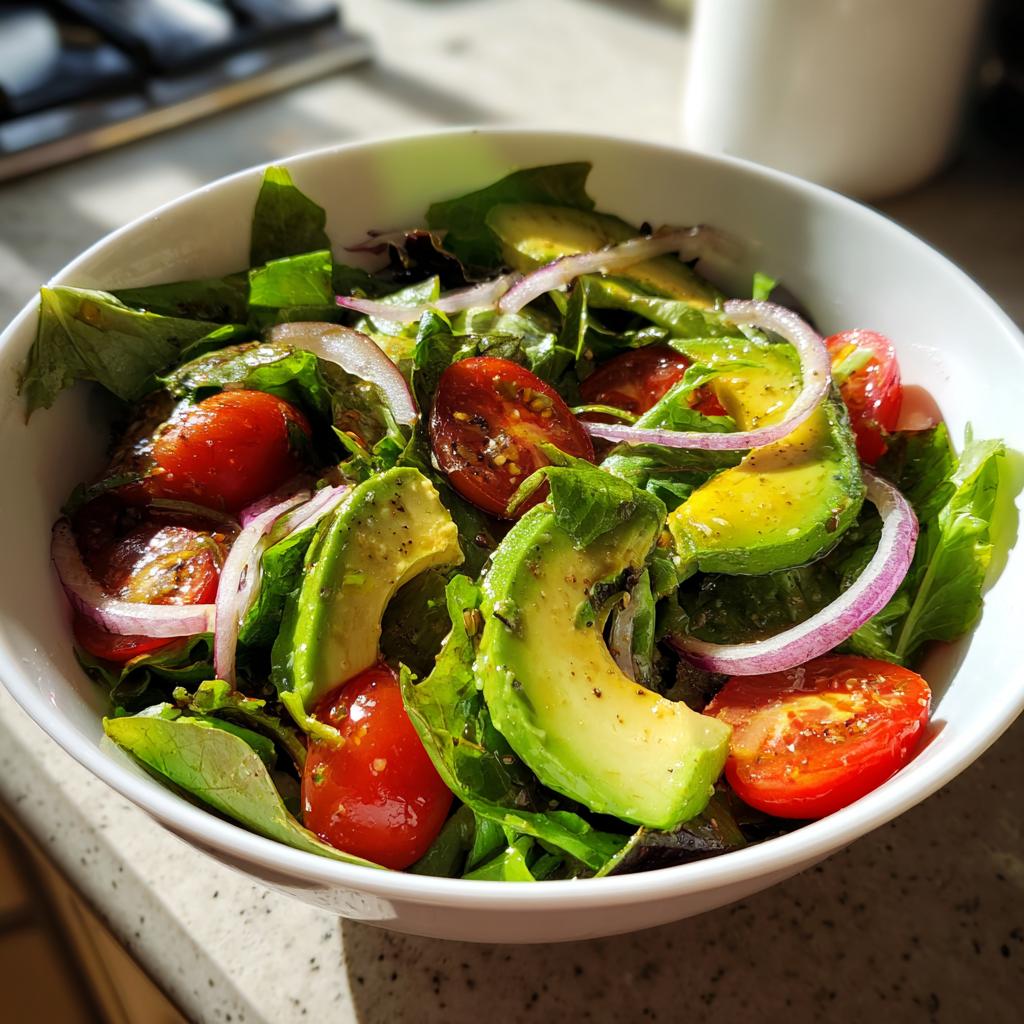 A vibrant bowl of avocado, cherry tomatoes, and red onion salad, perfect for healthy lunch ideas.