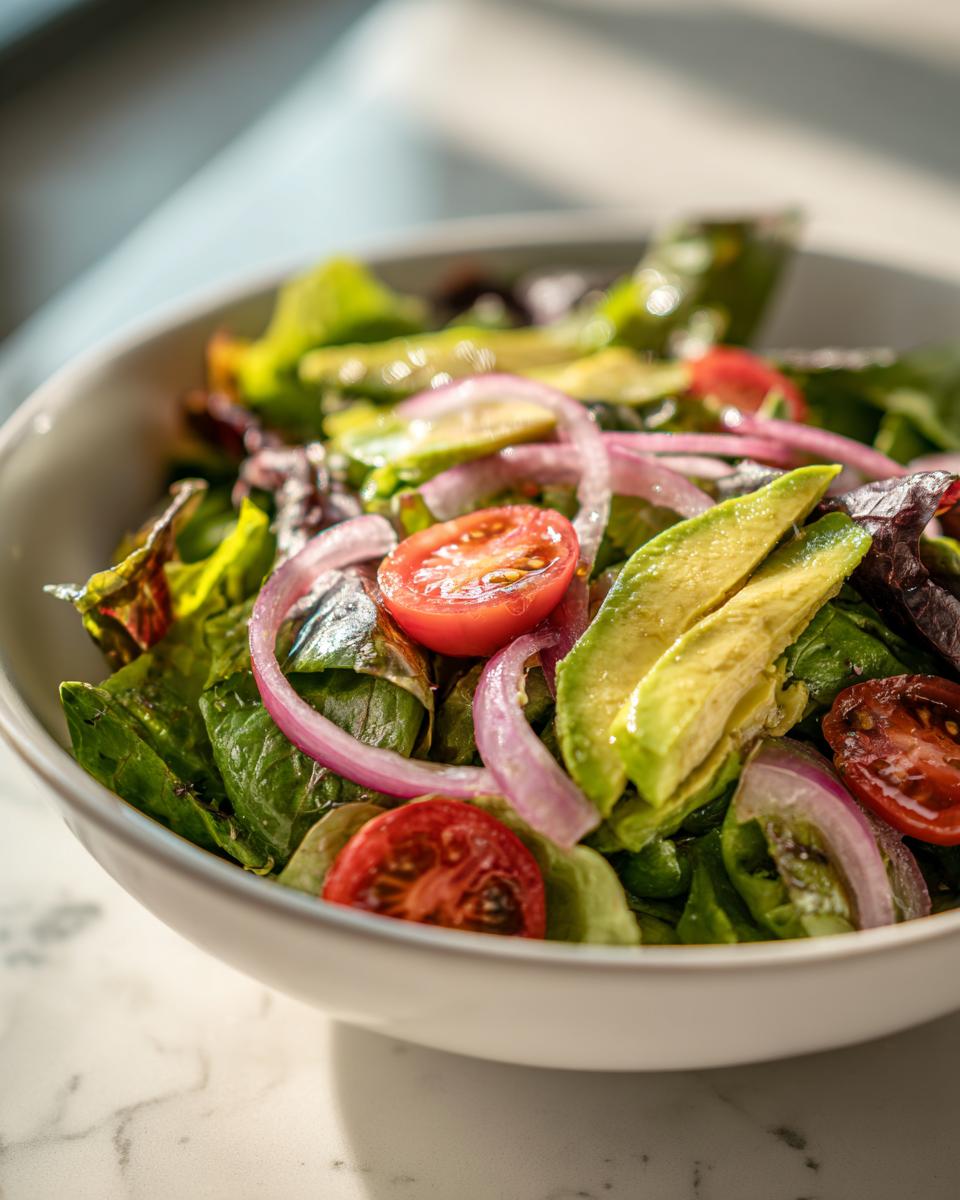 A vibrant bowl of mixed greens salad with avocado slices, cherry tomatoes, and red onion rings, perfect for healthy lunch ideas.