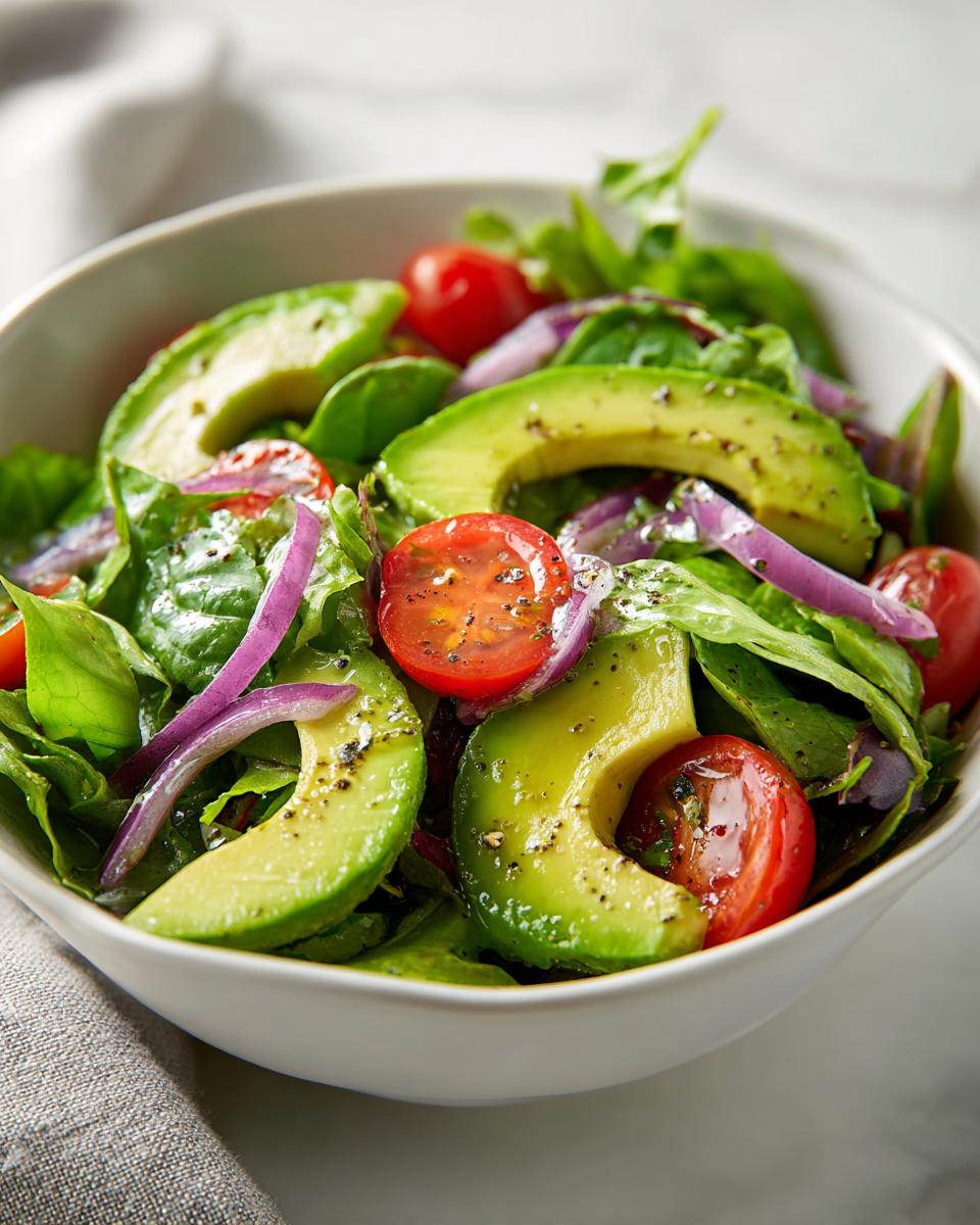 Bowl of fresh salad with avocado slices, cherry tomatoes, red onion, and greens for healthy lunch ideas.
