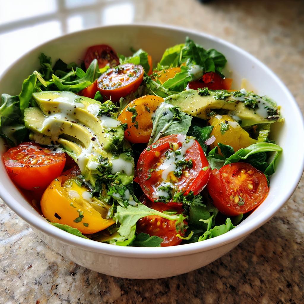 Bowl of salad with sliced avocado, cherry tomatoes, greens, and herbs drizzled with dressing for healthy meals.