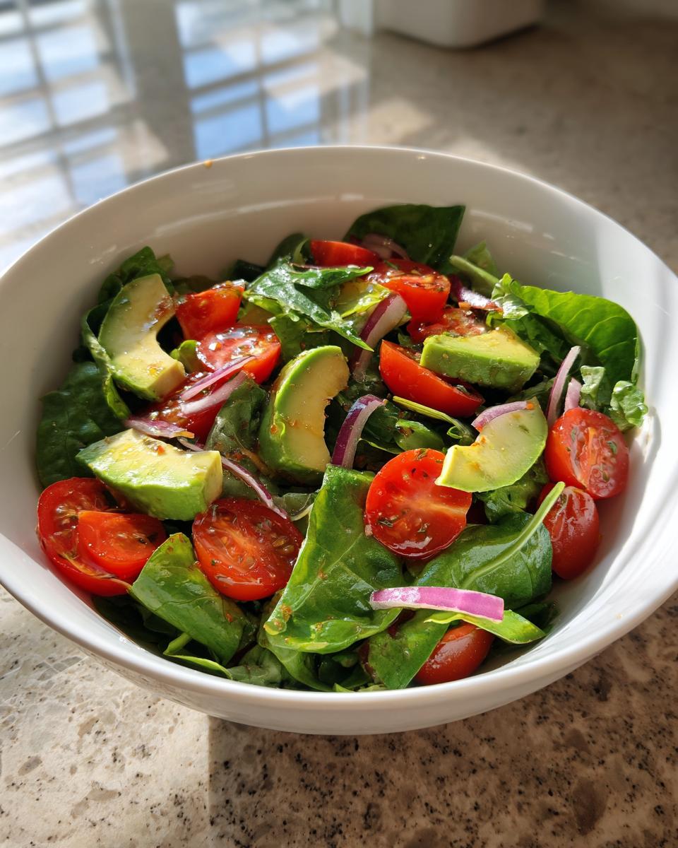 A vibrant bowl of avocado, cherry tomatoes, red onion, and spinach, perfect for healthy lunch ideas.