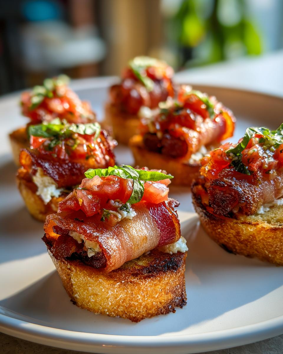Close-up of bacon-wrapped bruschetta topped with tomatoes and basil, perfect for new years eve appetizers.