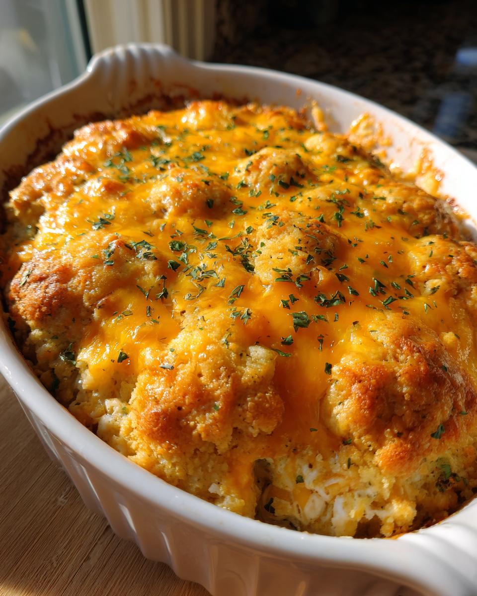 Golden baked chicken casserole topped with melted cheese and sprinkled herbs in a white dish.