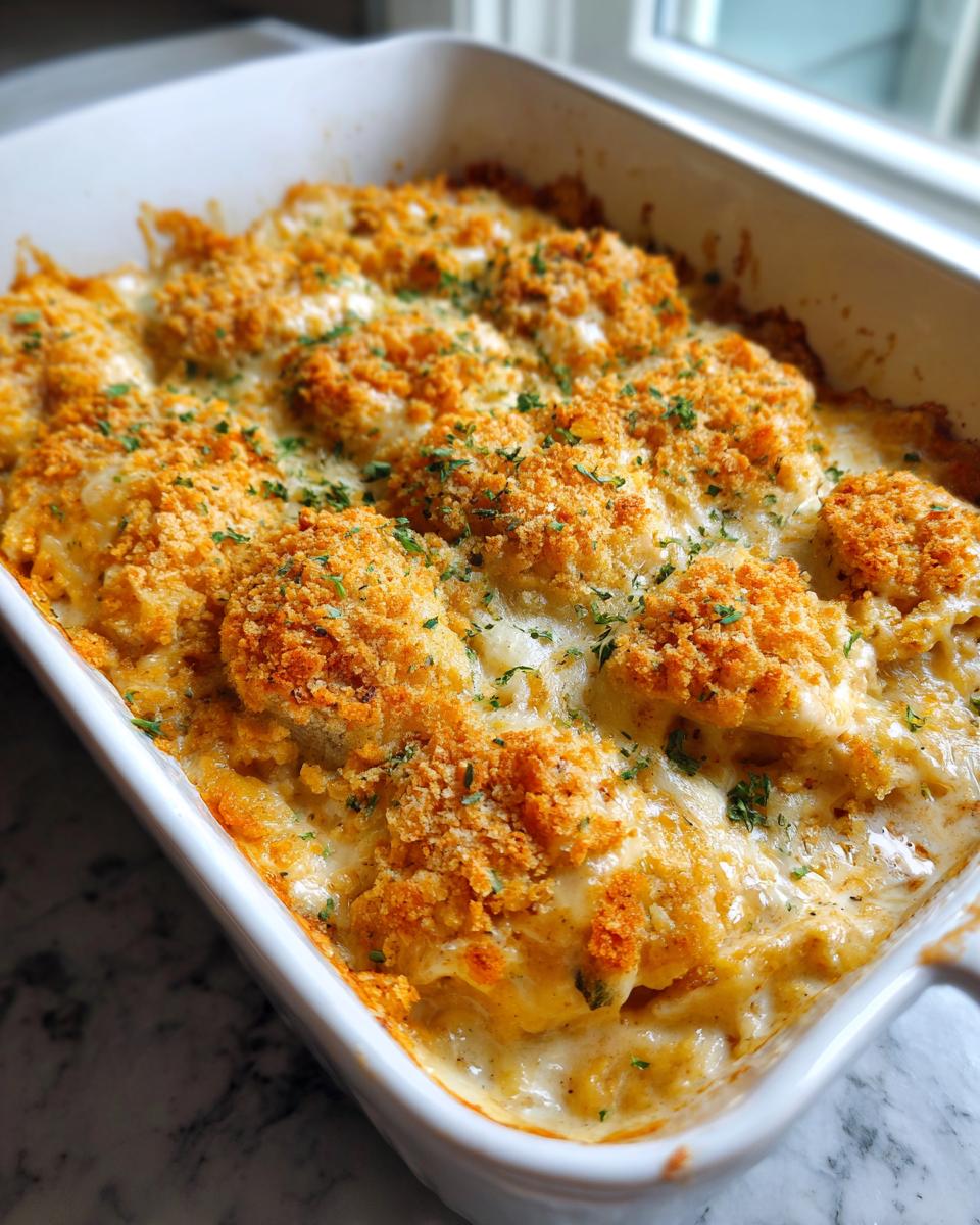 Baked chicken casserole with crispy golden breadcrumb topping in a white baking dish