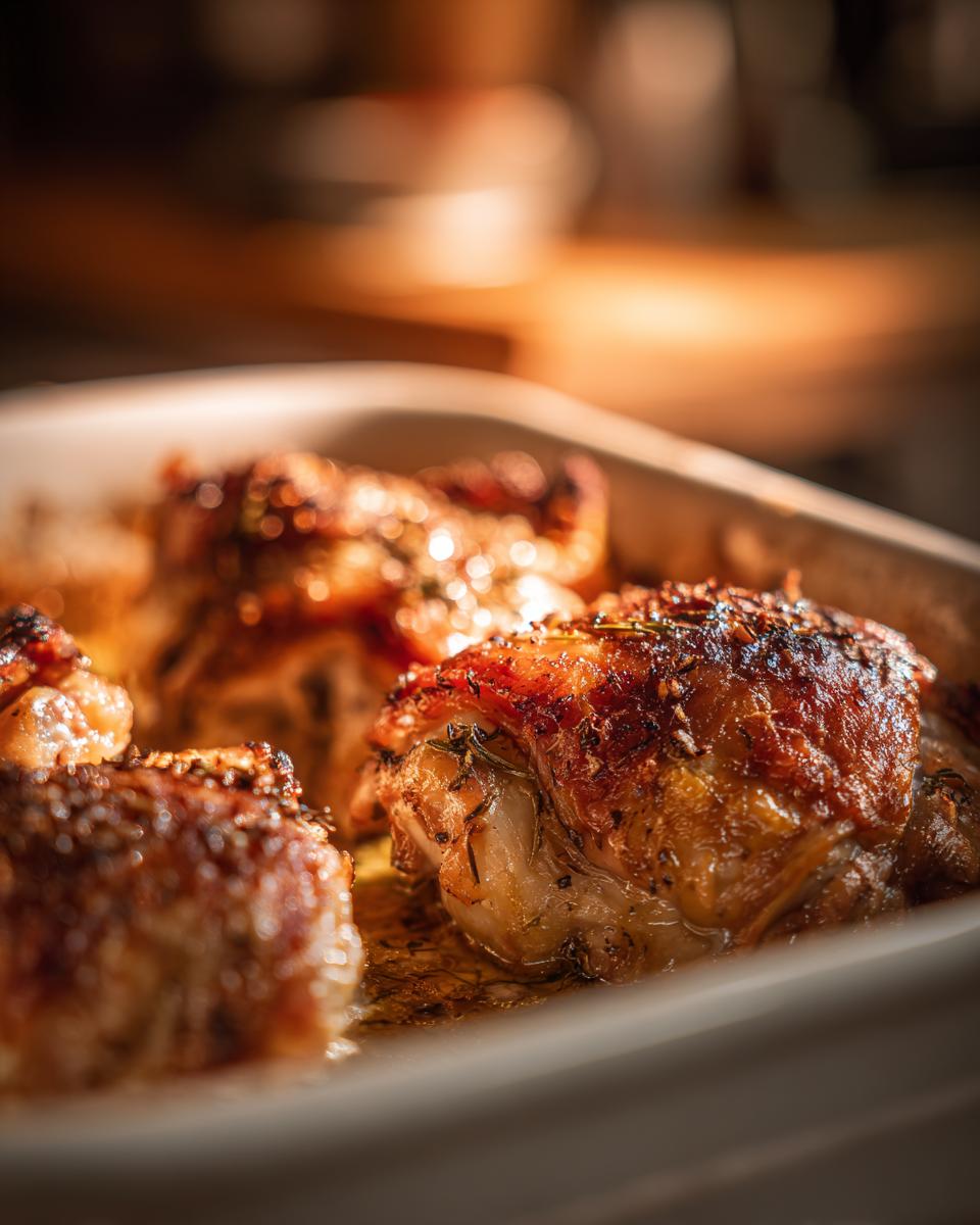 Close-up of perfectly baked chicken thighs with crispy skin and herbs in a baking dish.
