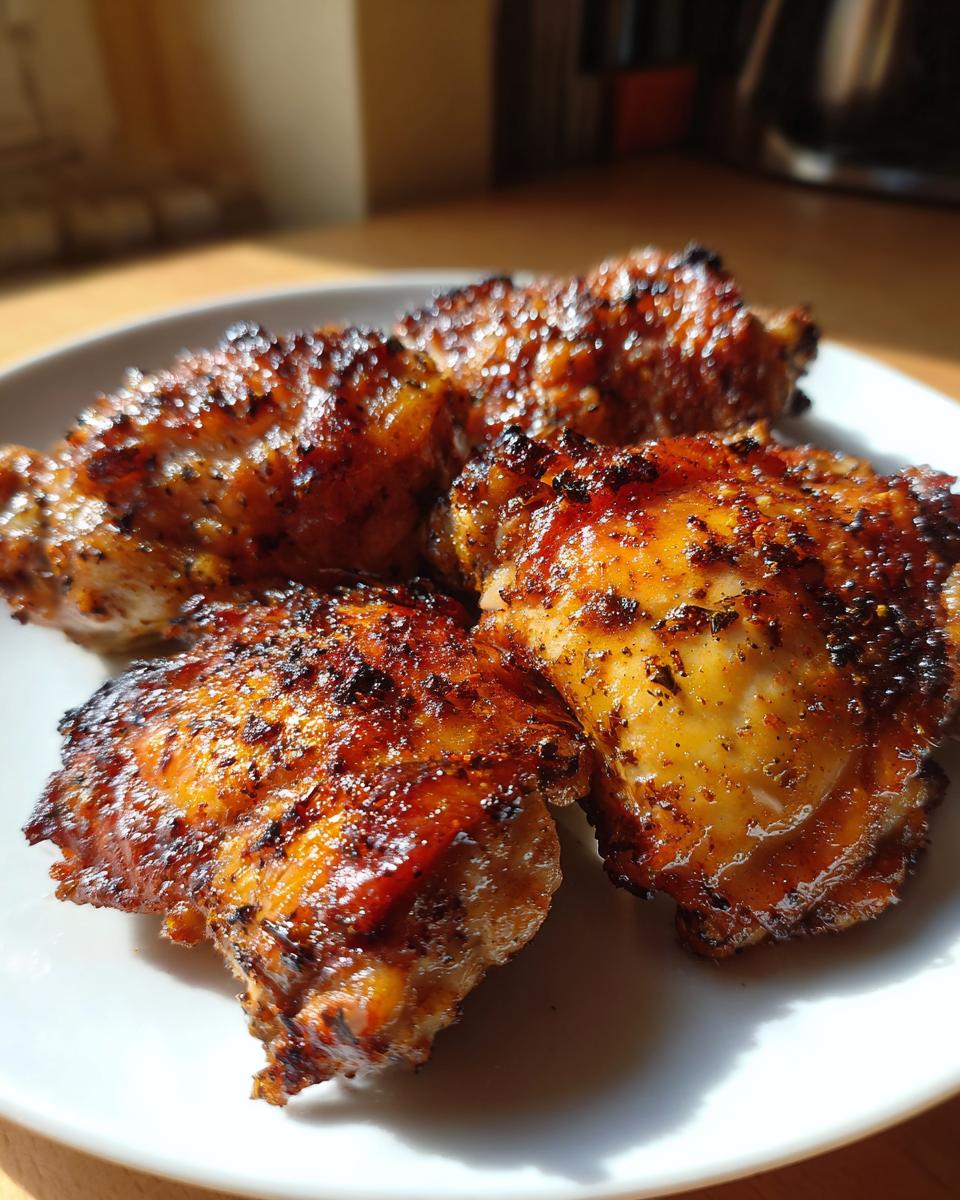 Close-up of four perfectly baked chicken thighs, glistening with a rich, savory glaze and seasoned crust.