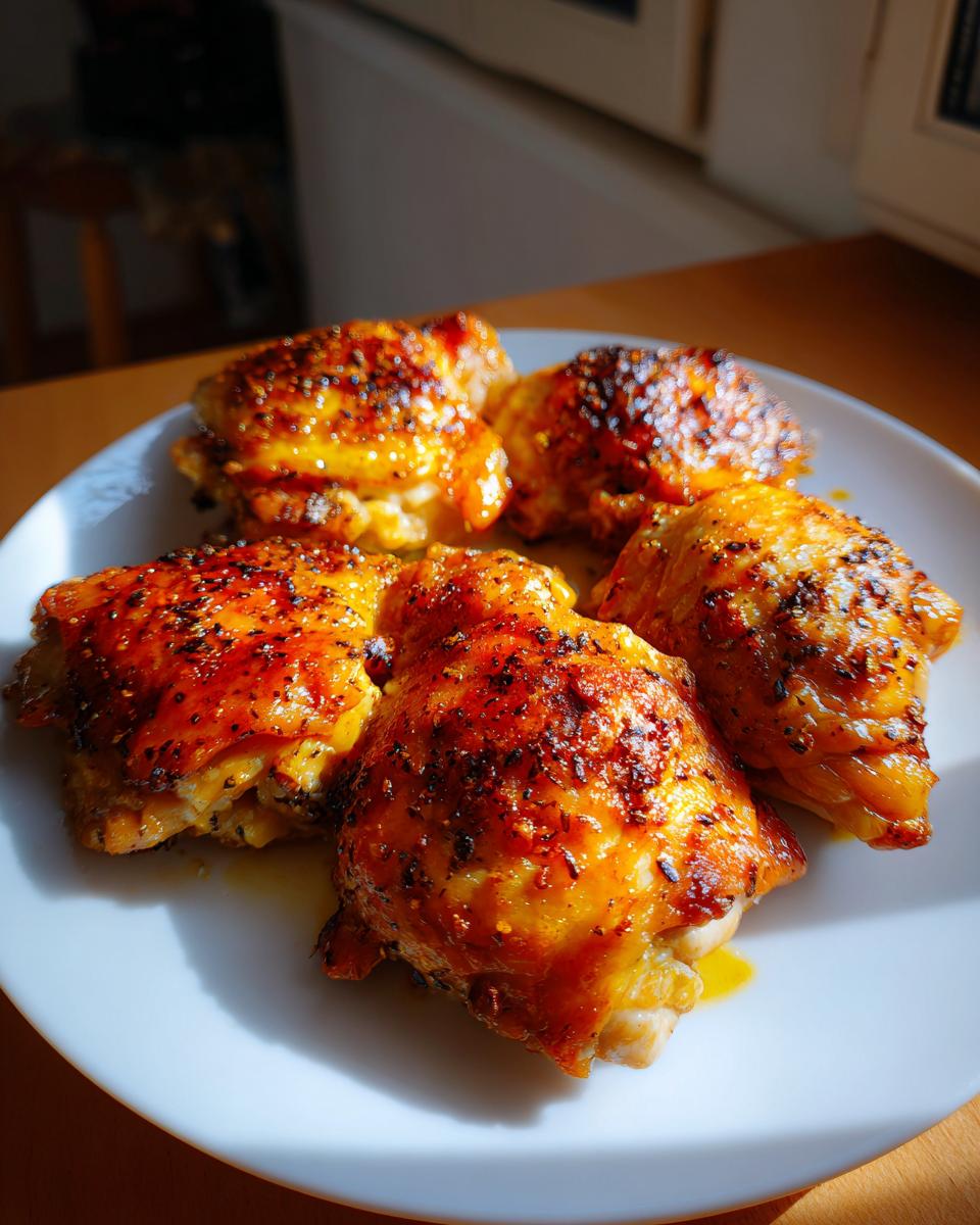 Four perfectly baked chicken thighs seasoned with spices, glistening on a white plate. A delicious example of chicken thigh recipes.