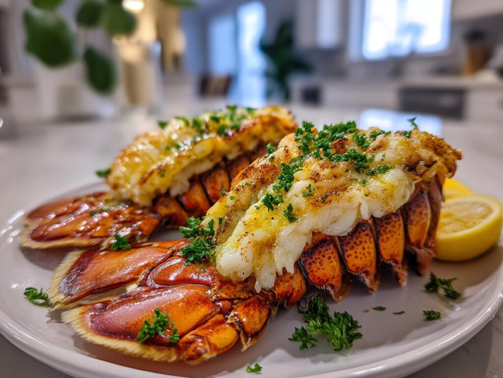 Close-up of two succulent baked lobster tails, garnished with fresh parsley and served with lemon wedges.