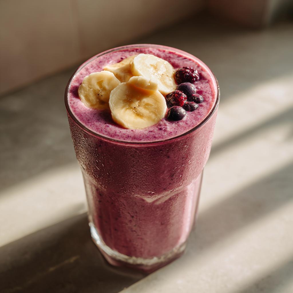 A tall glass filled with a vibrant purple banana berry smoothie, topped with fresh banana slices and berries.