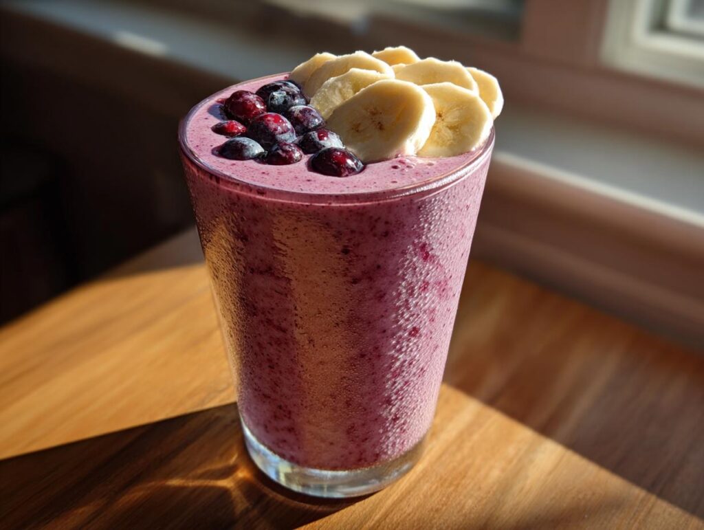 A refreshing banana berry smoothie recipe in a glass, topped with fresh blueberries and banana slices.