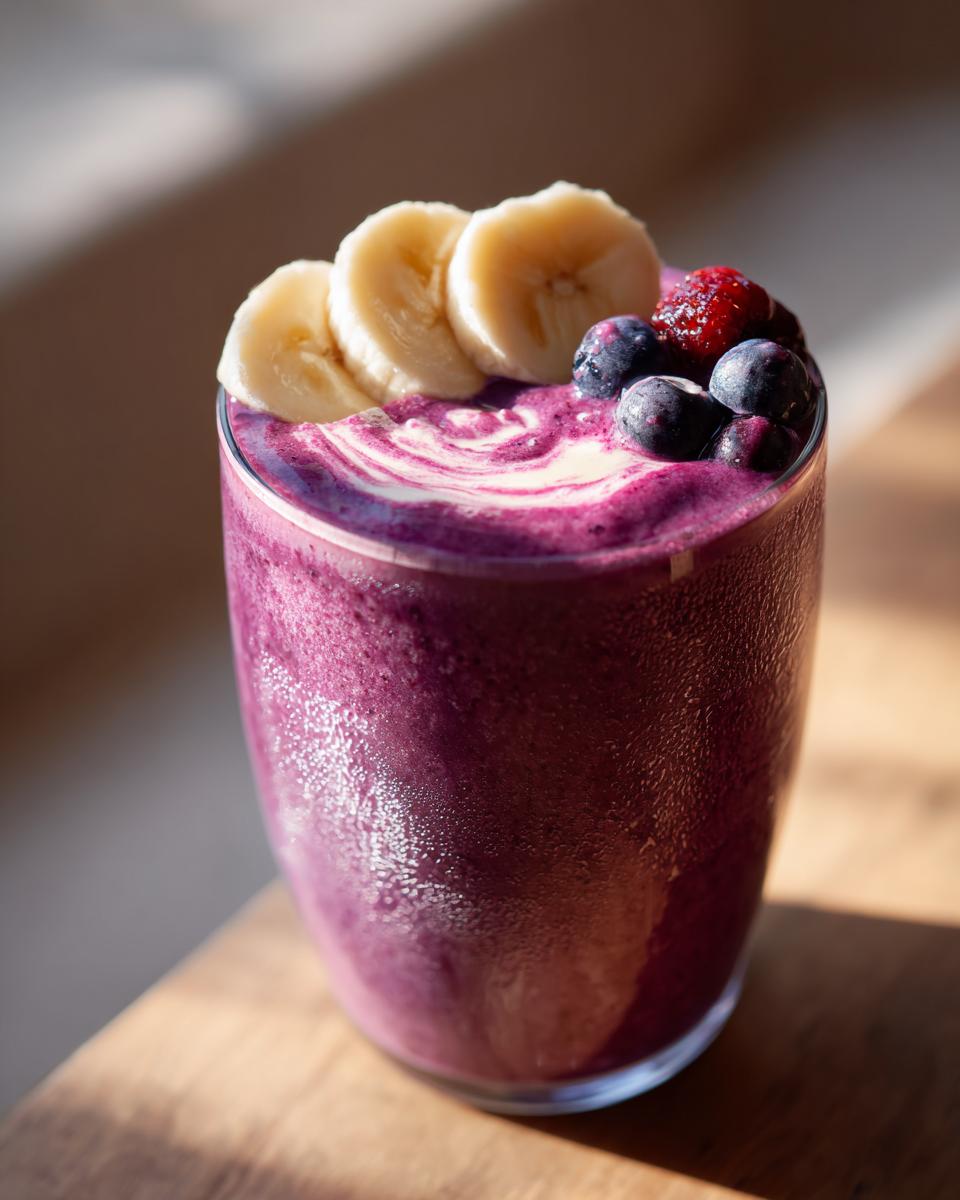 A refreshing banana berry smoothie in a glass, topped with banana slices, blueberries, and a strawberry.
