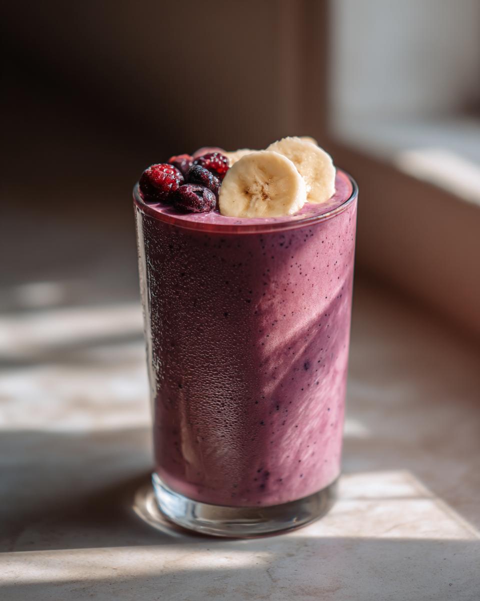 A refreshing banana berry smoothie in a tall glass, topped with fresh berries and banana slices. Perfect for quick smoothie recipes.