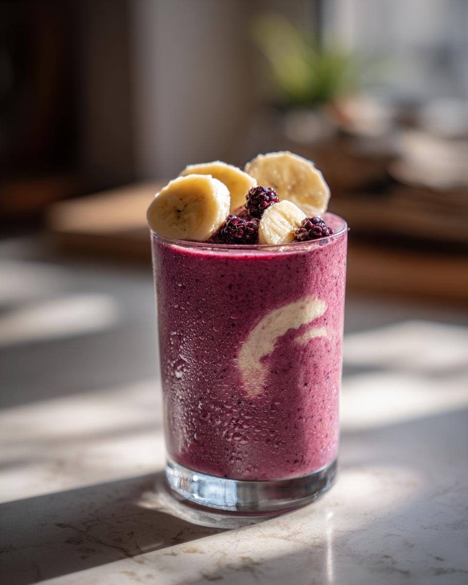 A refreshing glass of banana berry smoothie, topped with fresh banana slices and blackberries.