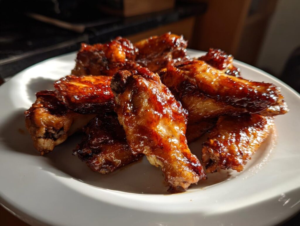Close-up of glistening, sticky BBQ chicken wings, a perfect addition to New Years food ideas.