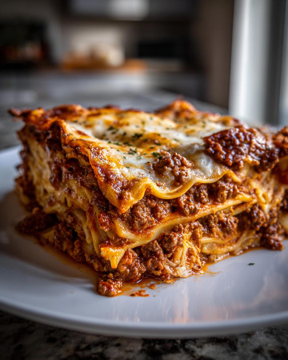 Close-up of a slice of beef lasagna with layers of meat sauce and melted cheese on a white plate.