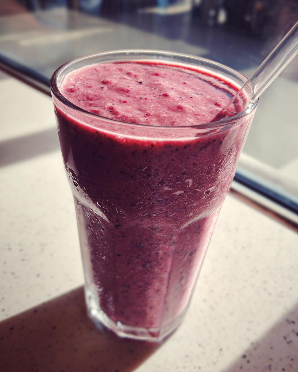Close-up of a berry banana smoothie in a tall clear glass with a straw on a sunny countertop.