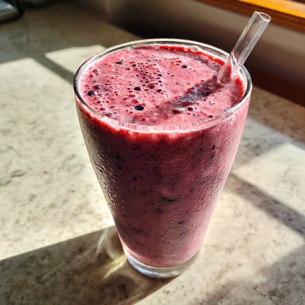 Close-up of a berry banana smoothie in a clear glass with a straw on a marble surface.