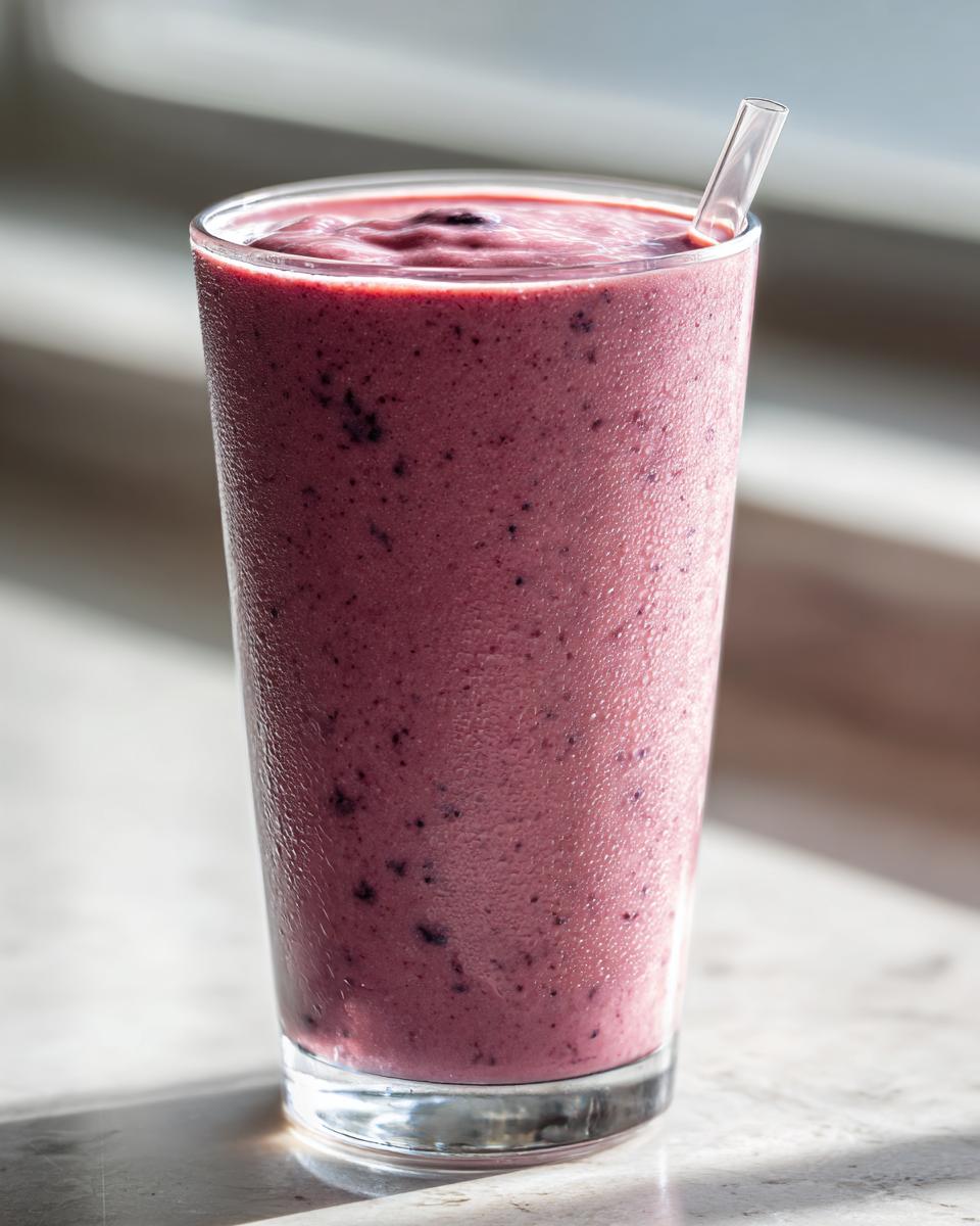 Close-up of a pink berry banana smoothie with a straw in a clear glass.
