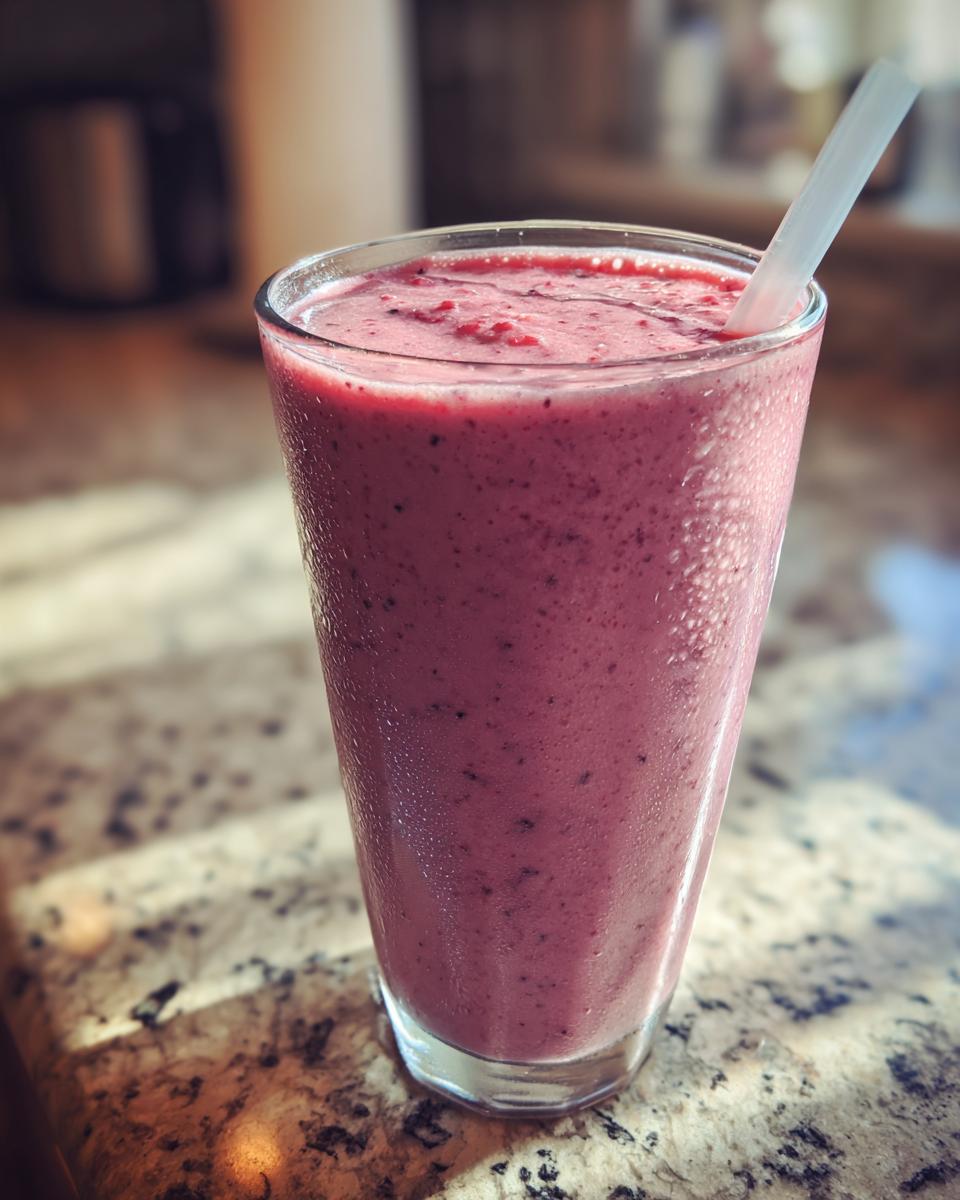 Close-up of a berry banana smoothie in a glass with a straw on a granite countertop.