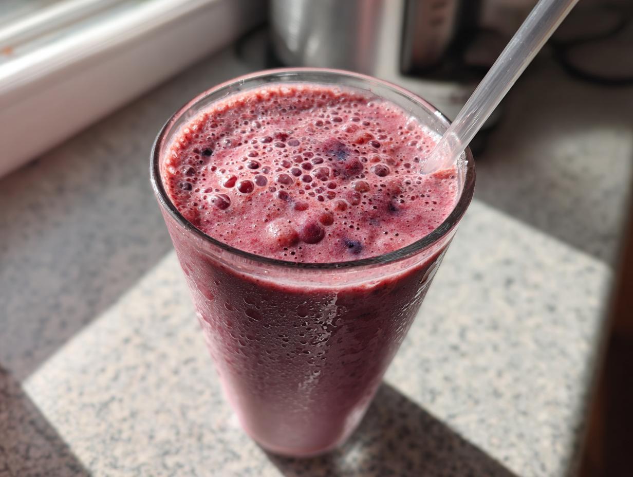 Close-up of a berry banana smoothie with bubbles in a tall glass and a clear straw