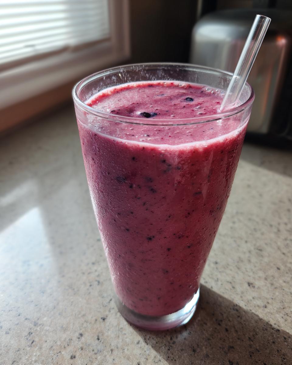 Close-up of a berry banana smoothie in a tall clear glass with a straw, on a kitchen counter.