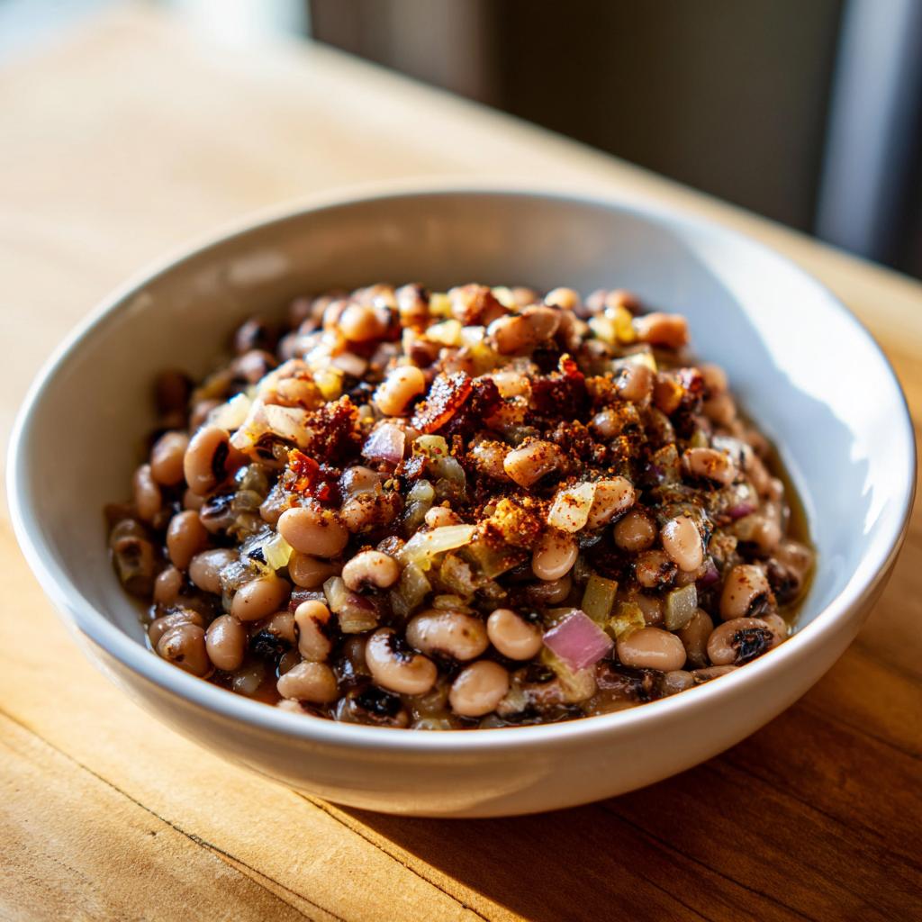 A bowl of creamy black eyed peas recipe crock pot with onions and spices.