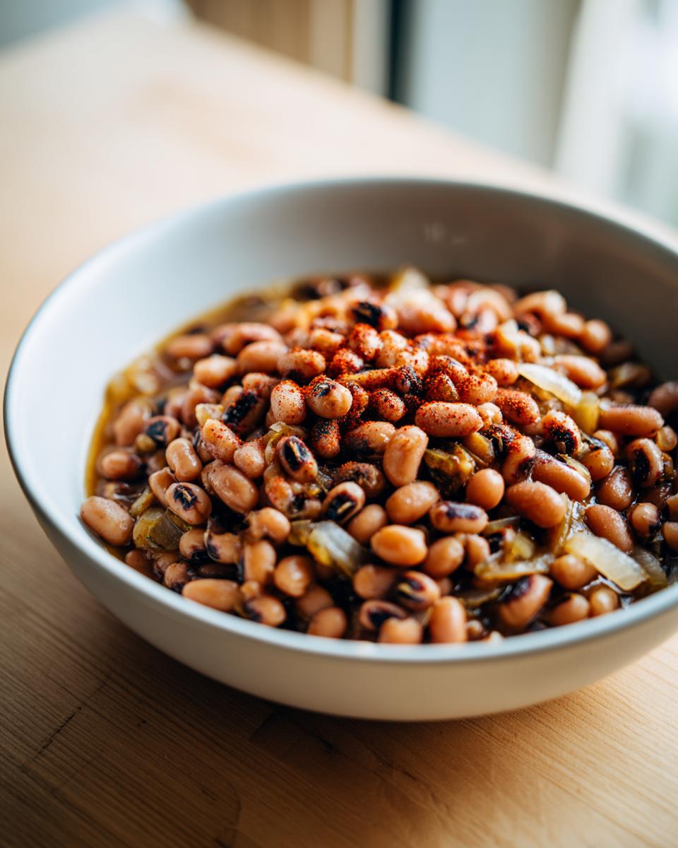 Close-up of a bowl filled with creamy black eyed peas recipe crock pot, seasoned with paprika.