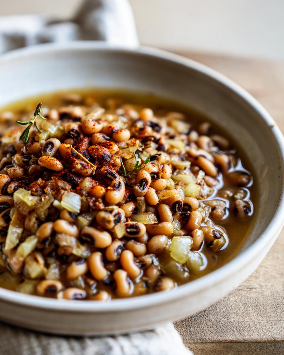 Close-up of a bowl filled with creamy black eyed peas recipe crock pot, garnished with paprika and thyme.