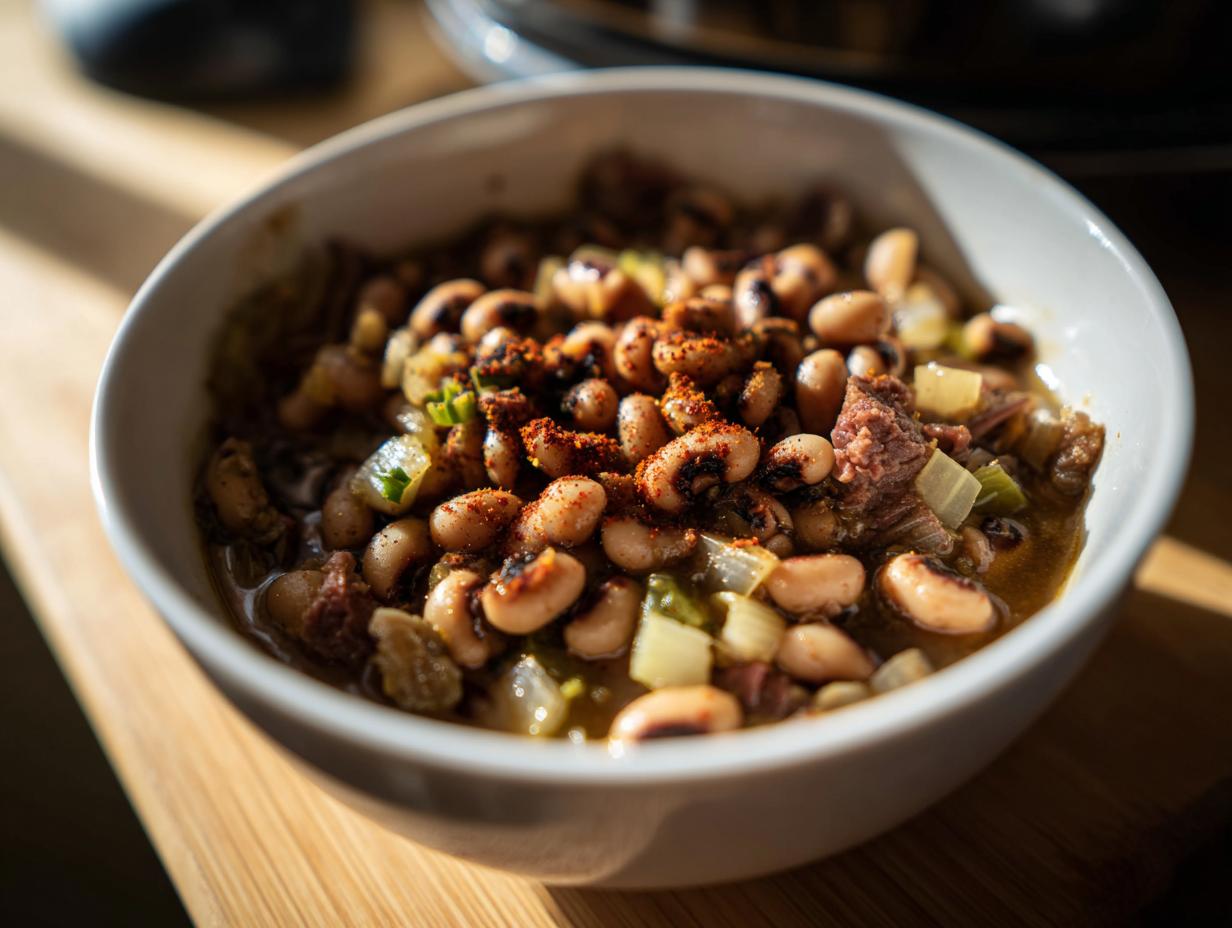 A bowl of creamy black eyed peas recipe crock pot, seasoned with paprika and mixed with diced vegetables and meat.