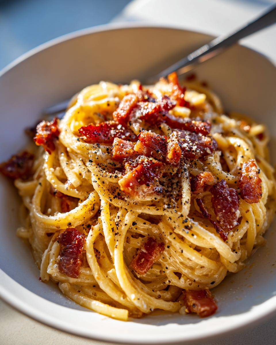 A close-up of a bowl of spaghetti carbonara, a classic pasta recipe, topped with crispy bacon and black pepper.